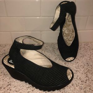 Fly London Yala perforated suede peep toe ankle strap wedges in black EUC sz 39